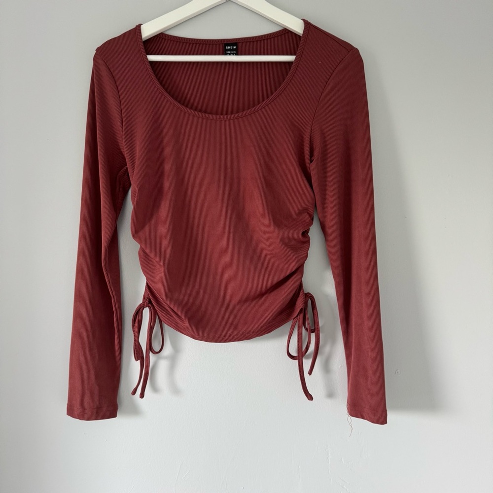 SHEIN Brick Red Ruched Long Sleeve Blouse